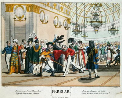 Shrovetide Masked Ball, ilustração de calendário para fevereiro, publicado em Nuremberg, c.1830 (gravação colorida) de Johann Michael (after) Voltz