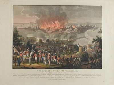 Bombardeamento de Copenhague, de 2 a 5 de setembro de 1807, pintura colorida por e após J. Laurent Rugendas, publicado por J. Laurent Rugendas, Augsburg, 1807 de Johann Moritz Rugendas