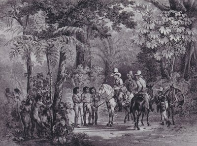 Encontro dos índios com os exploradores europeus da &39;Viagem pitoresca ao Brasil&39; de Johann Moritz Rugendas