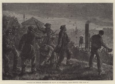 Ataque a estudantes alemães por eslavos em Kuchelbad, perto de Praga (gravura) de Johann Nepomuk (after) Schonberg