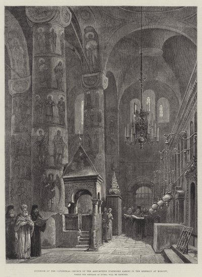 Interior da Catedral Igreja da Assunção (Uspenski Sabor) no Kremlin em Moscou, onde o imperador da Rússia será coroado de Johann Nepomuk Schonberg