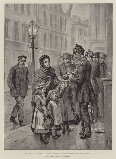 A cólera em Hamburgo, órfãos registrando seus nomes fora da delegacia de Johann Nepomuk Schonberg