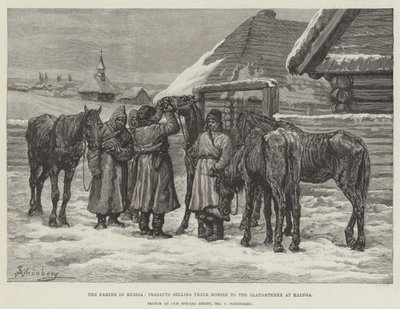 A fome na Rússia, camponeses vendendo seus cavalos ao matadouro de Kaluga de Johann Nepomuk Schonberg