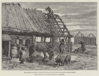 A fome na Rússia, os camponeses tomando Thatch dos telhados para alimentar gado de Johann Nepomuk Schonberg
