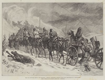 A guerra entre Servia e Bulgária, Servian Artillery cruzando as montanhas Ploca em uma tempestade de neve de Johann Nepomuk Schonberg