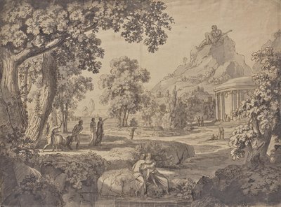 Paisagem clássica com um templo, um gigante numa montanha de Johann Nepomuk Schödlberger