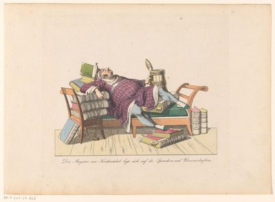 Leraar van Krähwinkel liggend op een sofa met boeken
O Magistrado de Krähwinkel deita-se sobre as línguas e ciências (título sobre o objecto) de Johann Nussbiegel (possibly)