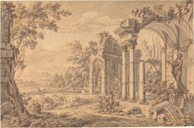 Paisagem com um desenhista entre ruínas antigas de Johann Oswald Harms