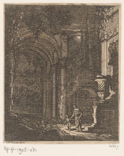 Duas figuras iluminam ruínas antigas com uma tocha
Ruínas e edifícios antigos (título da série)
Alcune Inventione de Ruini et Architectura (...) (título da série) de Johann Oswald Harms