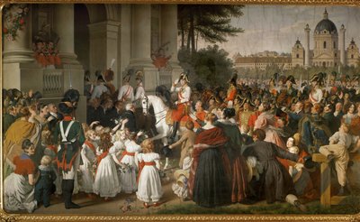 O Imperador Francisco I, regressa a Viena após a batalha de Leipzig ... (pintura mural) de Johann Peter Krafft