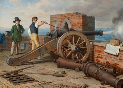 Os amigos artistas resolvem um tiro de canhão contra a fortaleza Michele perto de Ostia (Ferdinand Jagemann e Peter Krafft) de Johann Peter Krafft