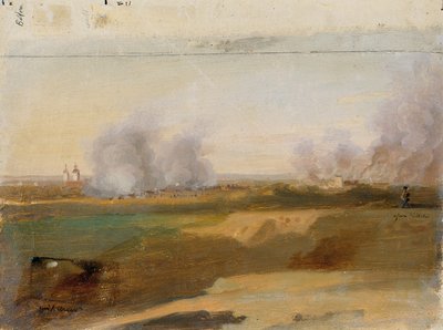 Estudo paisagístico com aldeias em chamas em segundo plano de Johann Peter Krafft