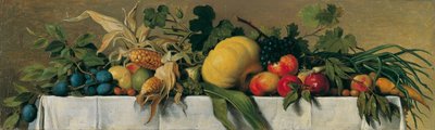 Natureza Morta com Fruta e Vegetais em toalha de mesa branca de Johann Peter Krafft