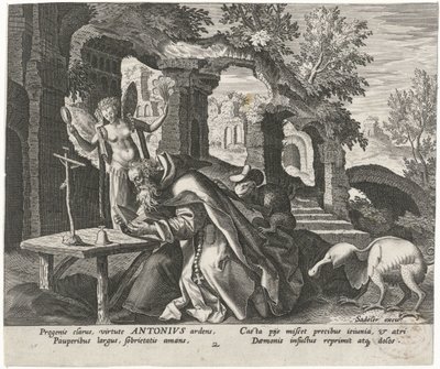 Antônio, o Grande como um eremita Eremitas Masculinos (título da série) Solitudo Sive Vitae Patrum Eremicolarum (título da série) de Johann Sadeler (I)