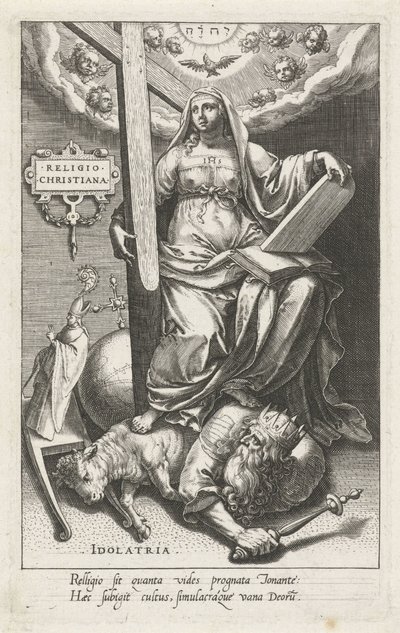 Religião Cristã (Religio Christiana) supera a idolatria (Idolatria)
Religio Christiana (título sobre o objecto)
Virtudes vencem vícios (título da série) de Johann Sadeler (I)