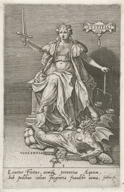 A Justiça (Justitia ) supera a Violência (Violentia)
Justificação (título sobre o objecto)
Virtudes vencem vícios (título da série) de Johann Sadeler (I)
