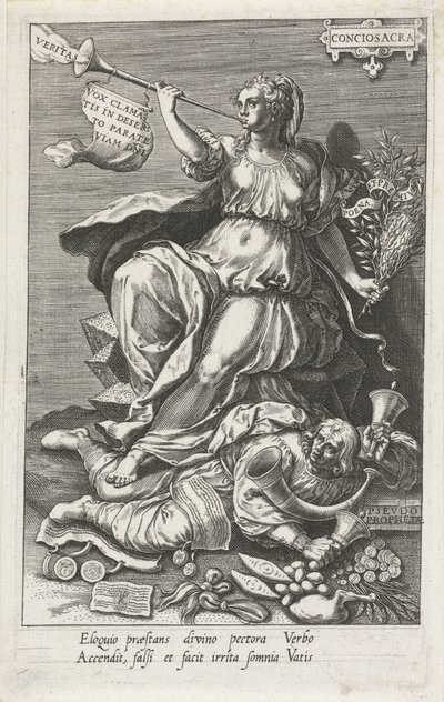 A Consciência (Conciosacra) Vence os Falsos Profetas (Pseudo Prophetae) Conciosacra (título no objeto) As virtudes vencem os vícios (título da série) de Johann Sadeler (I)