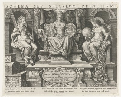 Autoridade (Potestas), Prestígio (Nobilitas) e Benevolência (Liberalitas) Impressão do título de uma série sobre as qualidades de um príncipe Principais Atividades de um Príncipe (título da série) Schema, seu speculum principum (título da série) Agendar, s de Johann Sadeler (I)