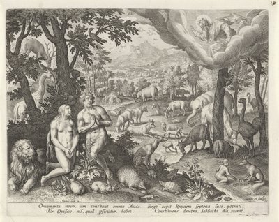 Deus Pai abençoa Adão, Eva e os animais Criação do Mundo (título da série) de Johann Sadeler (I)