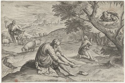 Deus aparece a Moisés no arbusto em chamas
História de Moisés antes do Êxodo (título da série)
Historia plagarum em Aegijpto (título da série) de Johann Sadeler (I)
