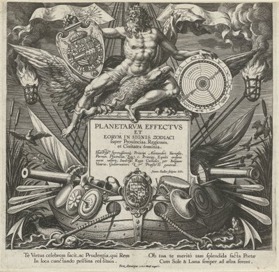 Júpiter em een ​​oorlogsschip conheceu o wapen van Alessandro Farnese Titelprent van een prentserie over de influence van de planeten over streken Efeitos dos planetas e seus signos no zodíaco (título da série) Efeitos e efeitos planetários nos signos do z de Johann Sadeler (I)