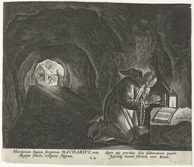 Macário do Egito como um eremita Eremitas Masculinos (título da série) Solitudo Sive Vitae Patrum Eremicolarum (título da série) de Johann Sadeler (I)