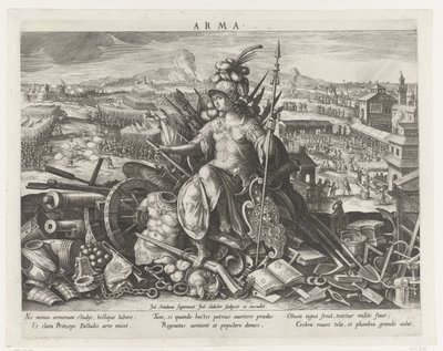 Minerva como padroeira da arte marcial Arma (título no objeto) Principais Atividades de um Príncipe (título da série) Schema, seu speculum principum (título da série) de Johann Sadeler (I)