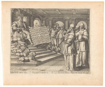 Impressão de moteto e página de título com Salomão como compositor do Cântico dos Cânticos Canticum Canticorum (título no objeto) Cantares de Salomão (título da série) de Johann Sadeler (I)