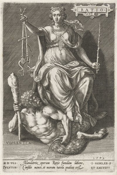 Razão (Ratio) supera Violentia (Violentia) Proporção (título no objeto) As virtudes vencem os vícios (título da série) de Johann Sadeler (I)