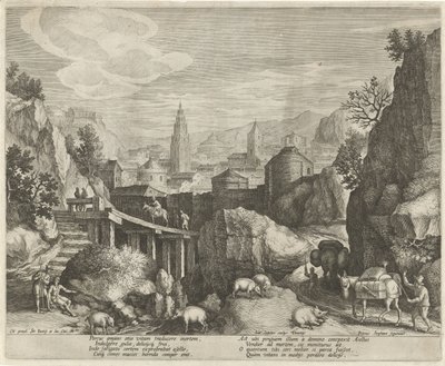 Paisagem rochosa com a fábula do burro e o javali Emblemas em uma paisagem (título da série) de Johann Sadeler (I)