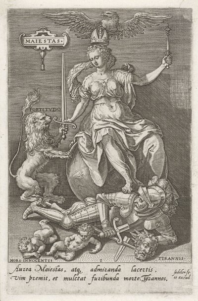 Dignidade (Majestas) supera Tirania (Tyrannis) Maiestas (título no objeto) As virtudes vencem os vícios (título da série) de Johann Sadeler (I)