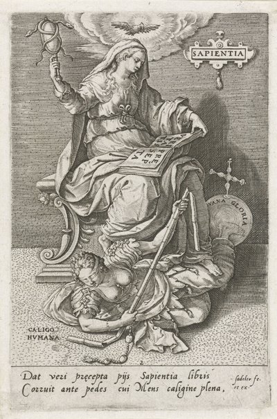A sabedoria (Sapientia) supera a perplexidade humana (Caligo Humana)
Sapientia (título sobre o objecto)
Virtudes vencem vícios (título da série) de Johann Sadeler (I)