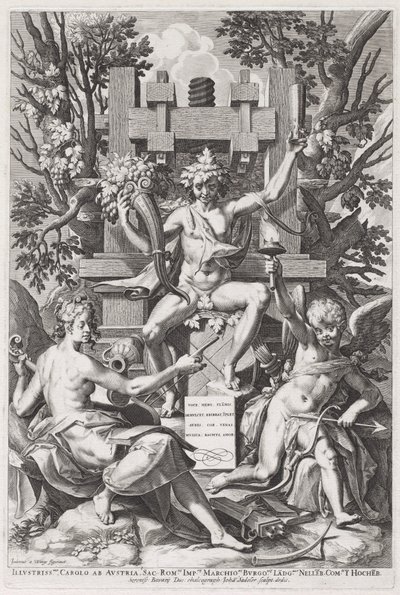 Baco sentado num barril entre Amor e Música, c. 1590. de Johann Sadeler I