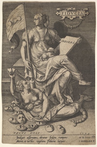 Fiducia, uma mulher sentada segura um livro e um estandarte enquanto vira a cabeça para longe de um nua-br..., 1579. de Johann Sadeler I