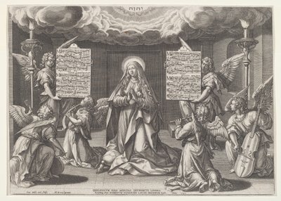 Magnificat: A Virgem cercada por anjos que fazem música, 1585. de Johann Sadeler I