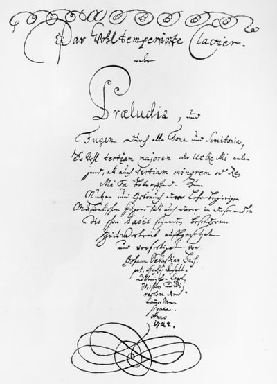 Título manuscrito do piano bem temperado, 1722 (caneta e tinta no papel) de Johann Sebastian Bach