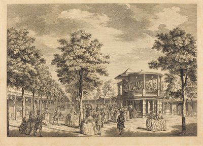 Vauxhall Gardens mostrando o Grand Walk na entrada do jardim e a orquestra com música tocando de Johann Sebastian Müller after Samuel Wale