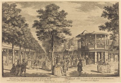 Vauxhall Gardens mostrando o Grand Walk na entrada do jardim e a orquestra com música tocando de Johann Sebastian Müller after Samuel Wale