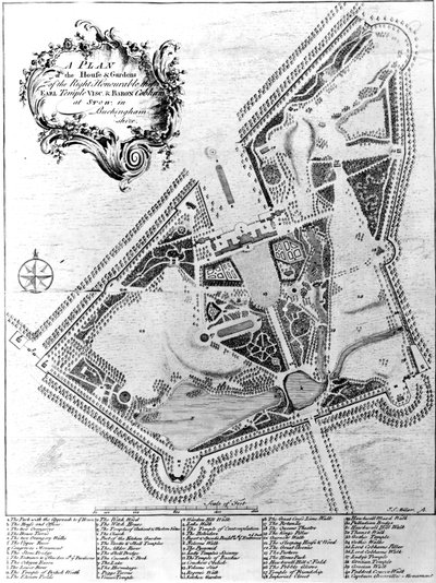 Um plano da casa e jardins em Stowe, Buckinghamshire de Johann Sebastien Muller