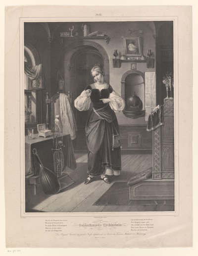 Interior com mulher com anel na mão Töchterlein de Goldschmied (título no objeto) A Filha do Ourives (título da série) de Johann Sprick