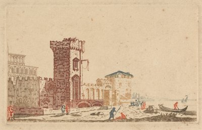 [Um de] Seis Gravuras Coloridas de Castelos, Ruínas e Paisagens Marinhas de Johann Teyler