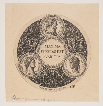 Maxima Egestas Est Avaritia, Projeto de um prato com pés de Johann Theodor de Bry