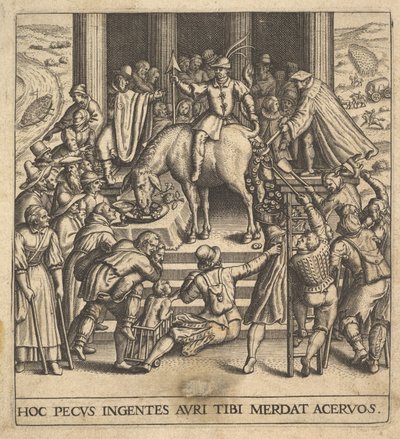 Homens coletando esterco caindo dos quartos traseiros de uma mula, com um cavaleiro sentado ba ..., 1592-1614. de Johann Theodor de Bry