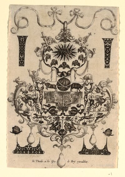 Design de pingente com a tentação, placa 1, de uma série de oito designs de pingente com as virtudes cardeais de Johann Theodor de Bry
