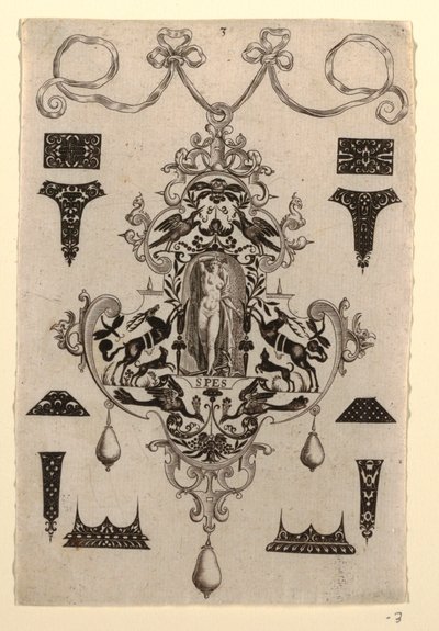 Design de pingente com a Virtude Hope, Placa 3, de uma série de oito designs de pingente com as virtudes cardeais de Johann Theodor de Bry