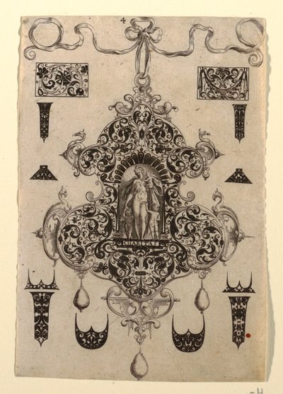 Placa 4, de uma série de oito desenhos de pingentes com as virtudes cardeais de Johann Theodor de Bry
