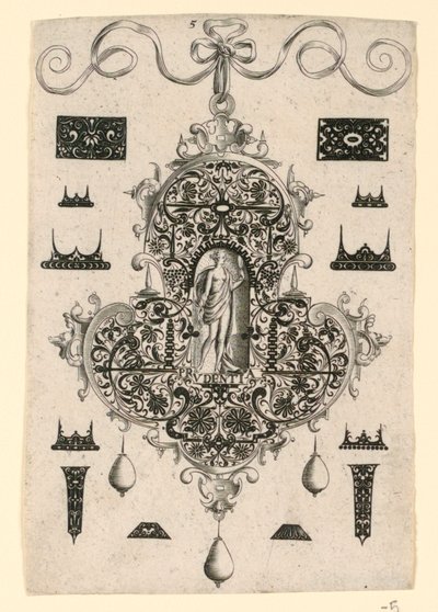 Placa 5, de uma série de oito desenhos de pingentes com as virtudes cardeais de Johann Theodor de Bry