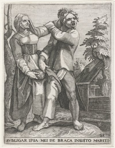 Strijd om de broek VOU ME AMARGAR AS CALÇAS INSISTENTES DO MEU MARIDO (título no objeto) Emblemas Seculares, 1596 (título da série) de Johann Theodor de Bry