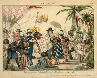 Balão de ar quente verde nos Antipodes, c.1840 (gravura colorida à mão) de Johann Wenzel Zinke