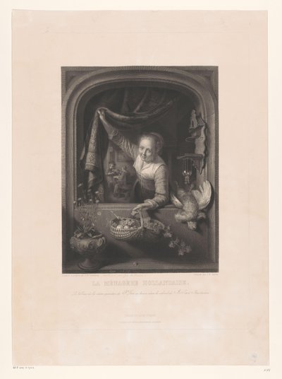 Mulher com cesta de frutas à disposição pela janela La menagerè Hollandaise (título no objeto) de Johann Wilhelm Kaiser (I)